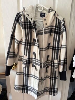 twik Cream & Black Plaid Hooded Toggle Coat